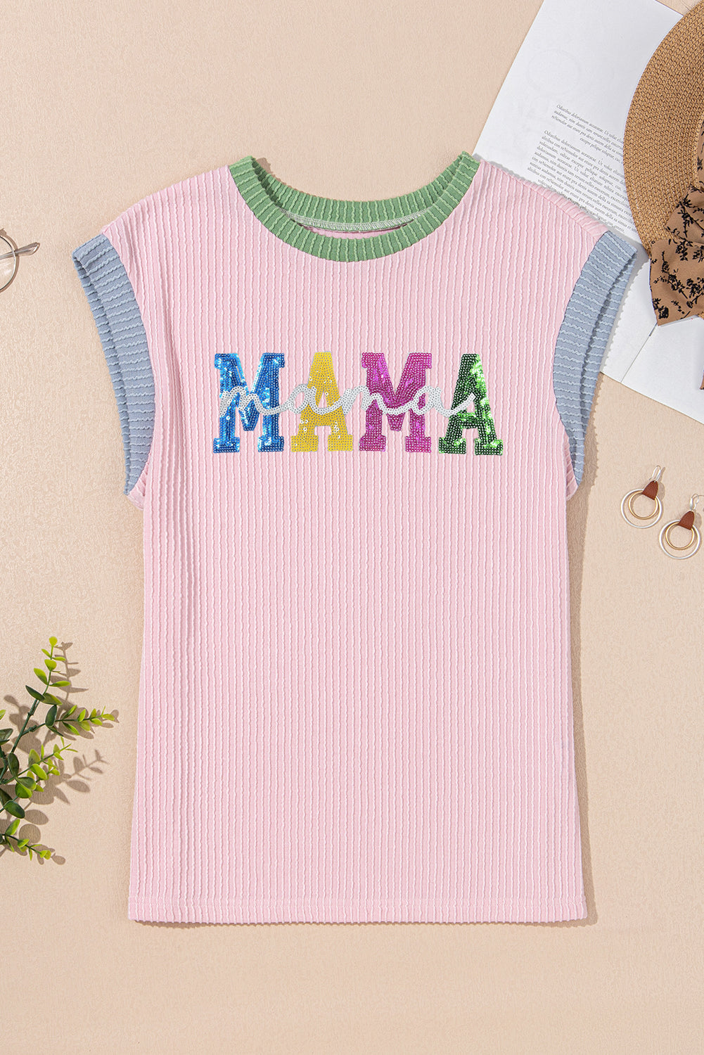Pink Sequined MAMA Graphic Corded Rib Knit Colorblock T Shirt Graphic Tees JT's Designer Fashion