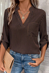 Brown Stripe V Neck Roll Up Sleeve Pocket Patched Classic Shirt Brown Stripe 59%Polyester+41%Cotton Blouses & Shirts JT's Designer Fashion