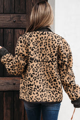 Khaki Leopard Print Zip Up Stand Neck Side Pocket Jacket Jackets JT's Designer Fashion