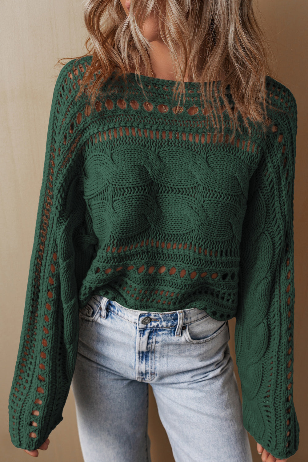 Blackish Green Hollow-out Cable Knit Cropped Sweater Blackish Green 60%Cotton+40%Acrylic Sweaters JT's Designer Fashion