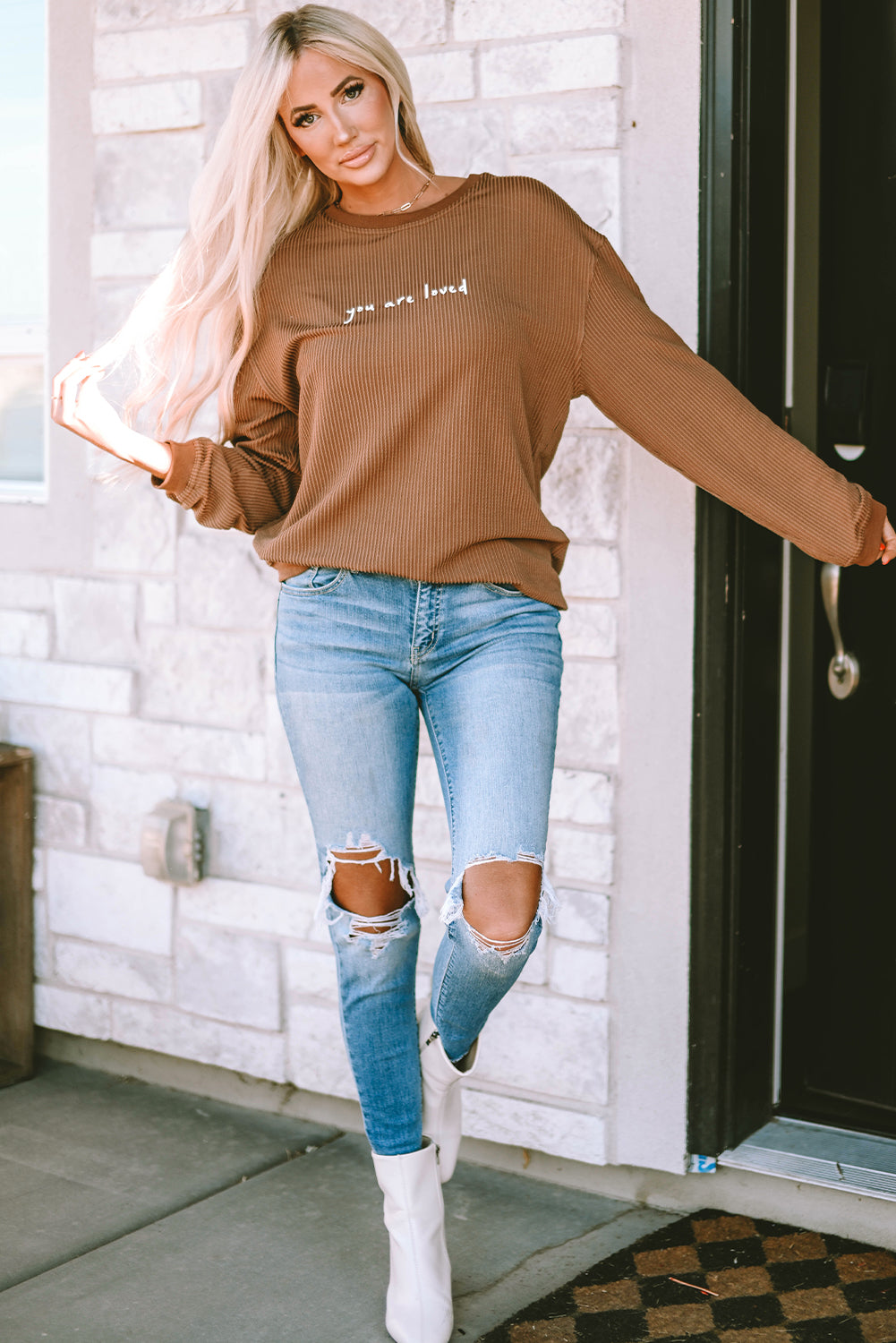 Khaki You Are Loved Print Corduroy Sweatshirt Sweatshirts & Hoodies JT's Designer Fashion