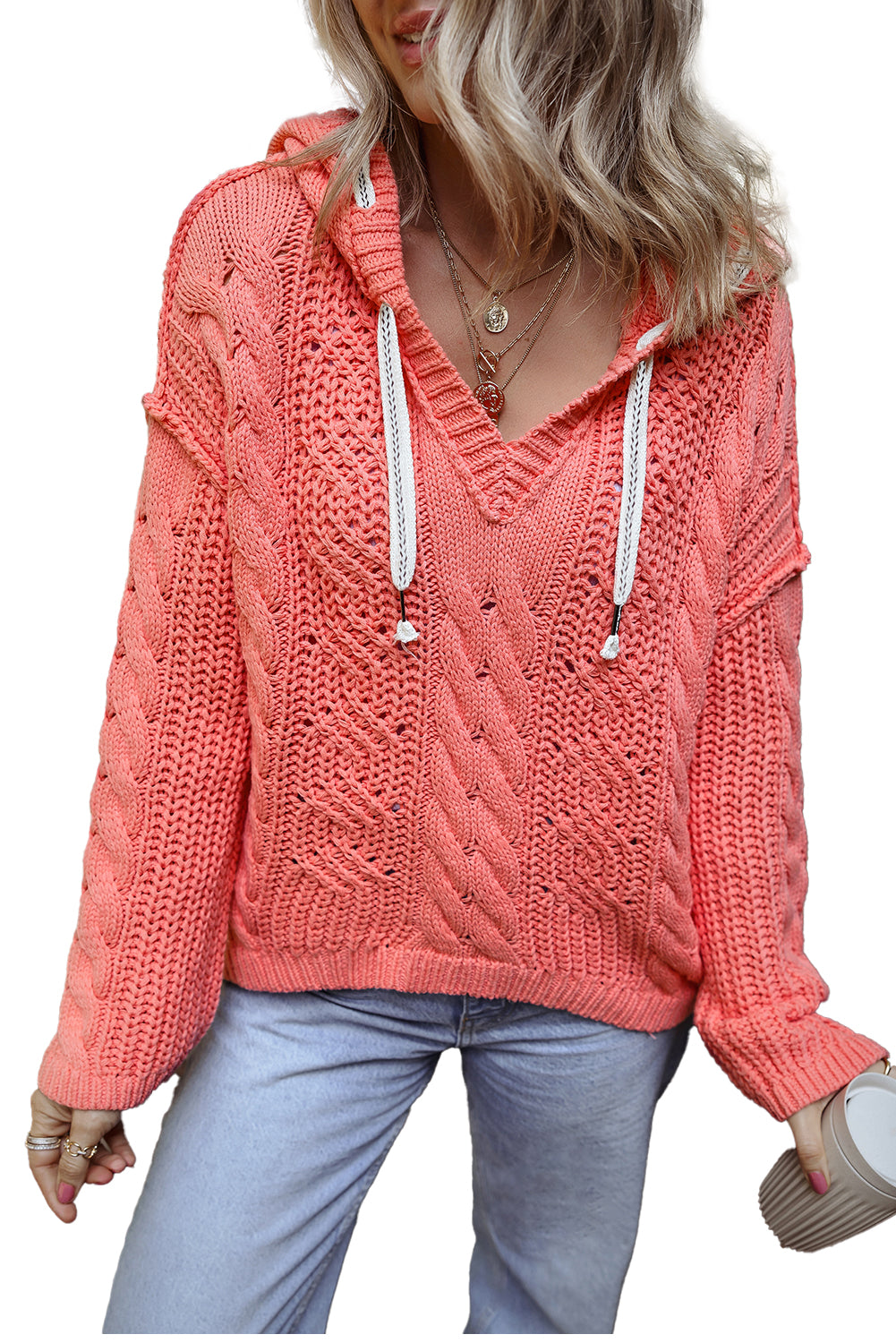 Gold Flame Cable Knit V Neck Contrast Drawstring Hooded Sweater Sweaters JT's Designer Fashion