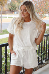 Jet Stream Textured Patched Pocket Short Sleeve Top Drawstring Shorts Set Short Sets JT's Designer Fashion