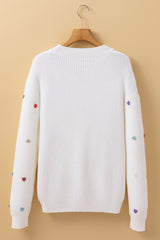 Beige Sequin Heart Shape Waffle Knit Round Neck Sweater Sweaters JT's Designer Fashion