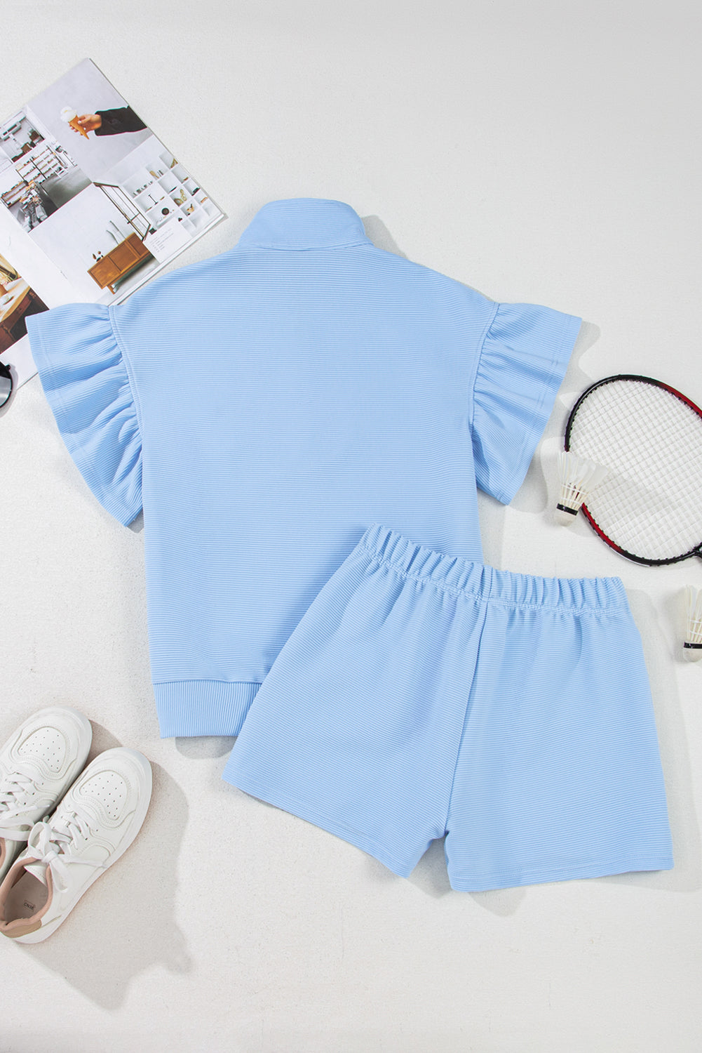 Beau Blue Ribbed Texture Half Zip Ruffled Short Sleeve Top and Shorts Set Short Sets JT's Designer Fashion
