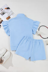 Beau Blue Ribbed Texture Half Zip Ruffled Short Sleeve Top and Shorts Set Short Sets JT's Designer Fashion