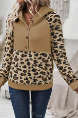 Light French Beige Leopard Print Patchwork Raglan Sleeve Half Buttons Hoodie Sweatshirts & Hoodies JT's Designer Fashion