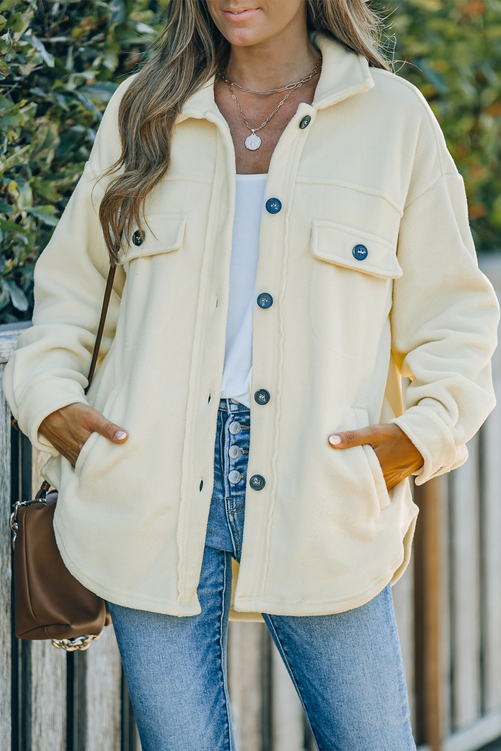 Beige Turn Down Collar Buttoned Shirt Jacket Beige Jackets JT's Designer Fashion