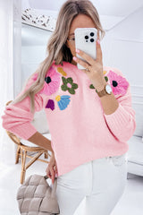 Pink Knitted Flower Pattern Ribbed Edge Sweater Sweaters JT's Designer Fashion