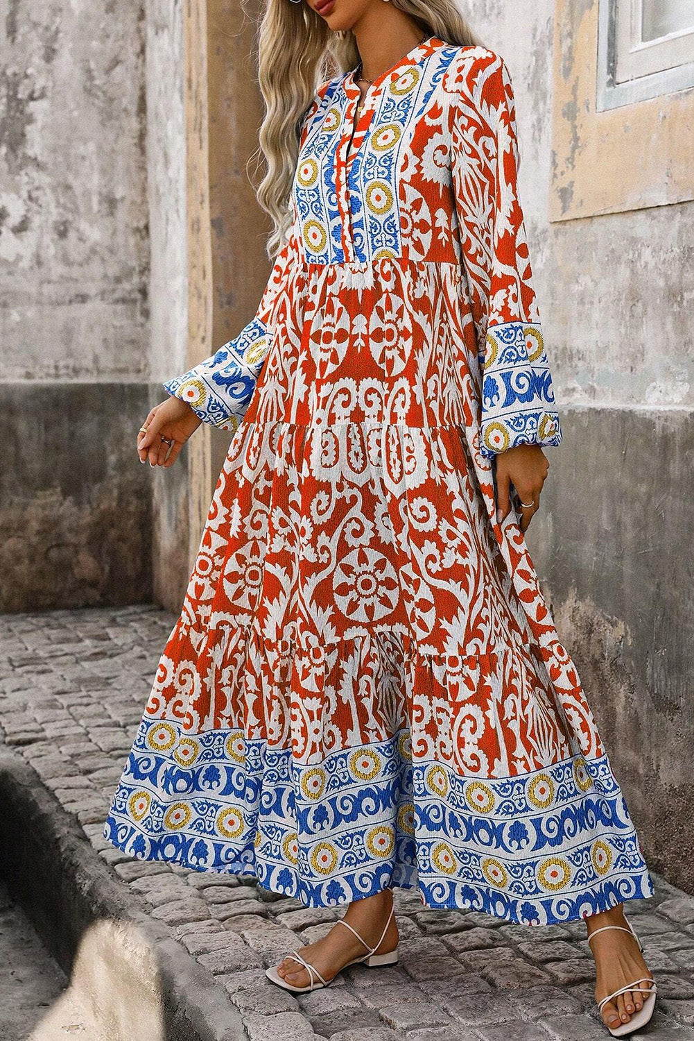 Orange Boho Geometric Printed Long Sleeve Long Dress Maxi Dresses JT's Designer Fashion