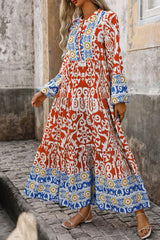 Orange Boho Geometric Printed Long Sleeve Long Dress Maxi Dresses JT's Designer Fashion