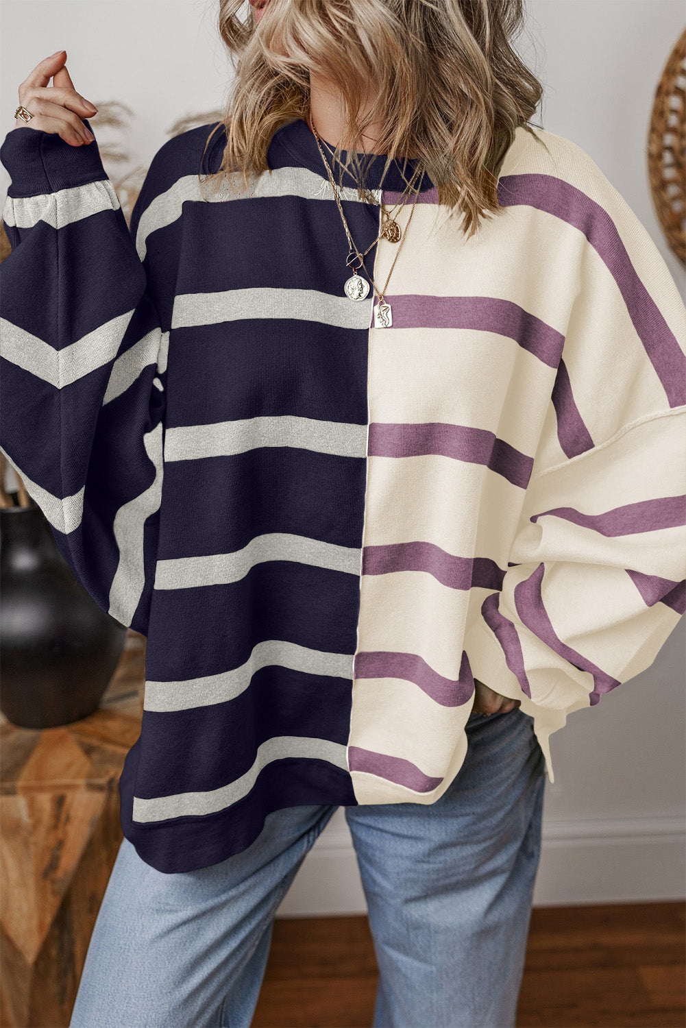 Blue Stripe Colorblock Oversized Sweater Blue Stripe 50%Viscose+28%Polyester+22%Polyamide Sweaters JT's Designer Fashion