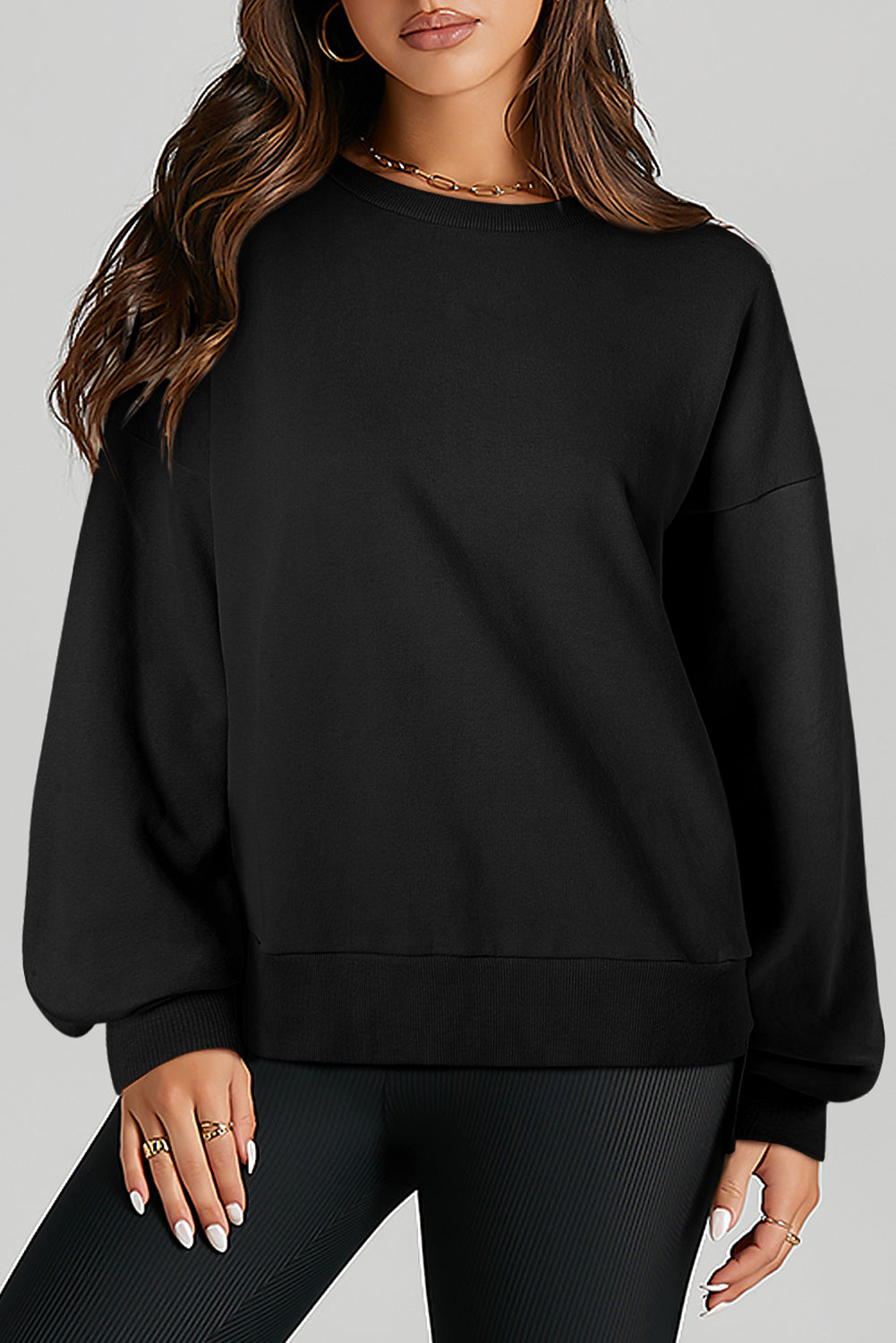 Black Solid O Neck High Low Hem Pullover Sweatshirt Sweatshirts & Hoodies JT's Designer Fashion