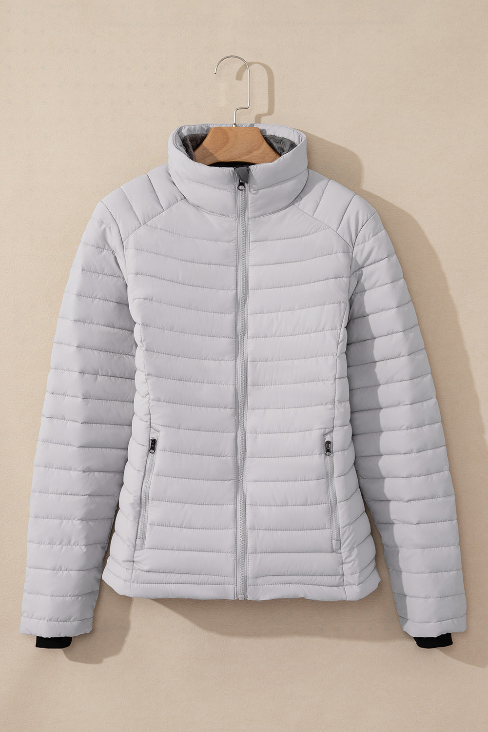 Silvery Solid Color Quilted Zip-up Puffer Jacket Jackets JT's Designer Fashion