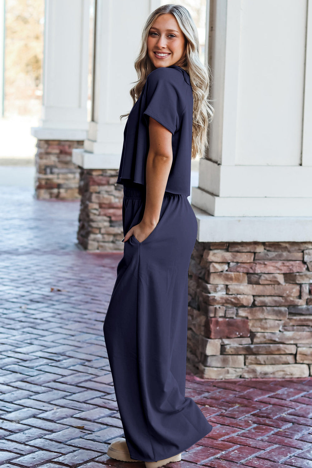 Navy Blue Raw Hem Loose Tee and Wide Leg Pants Set Pant Sets JT's Designer Fashion