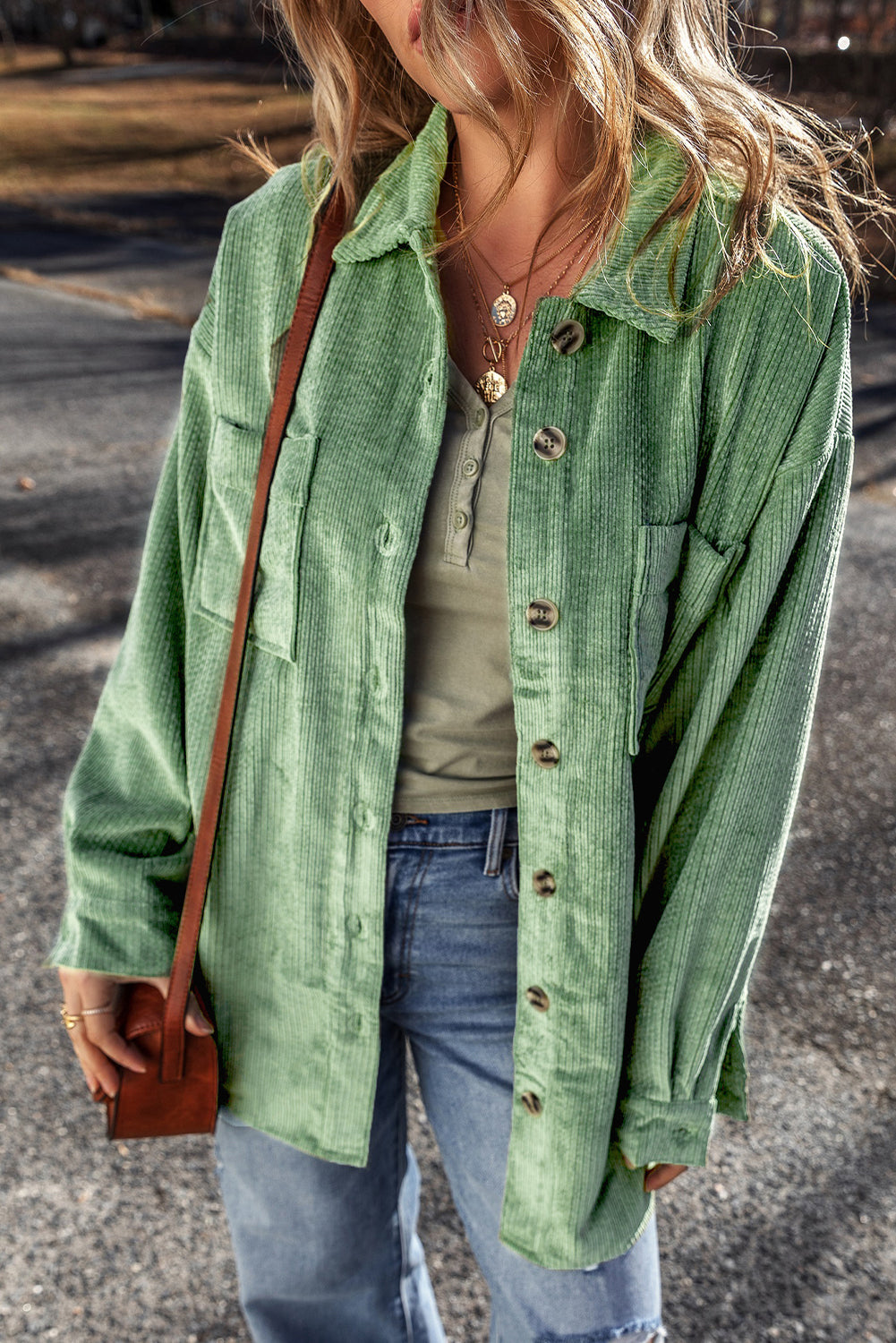 Mist Green Patched Pocket Button Up Corduroy Shacket Jackets JT's Designer Fashion