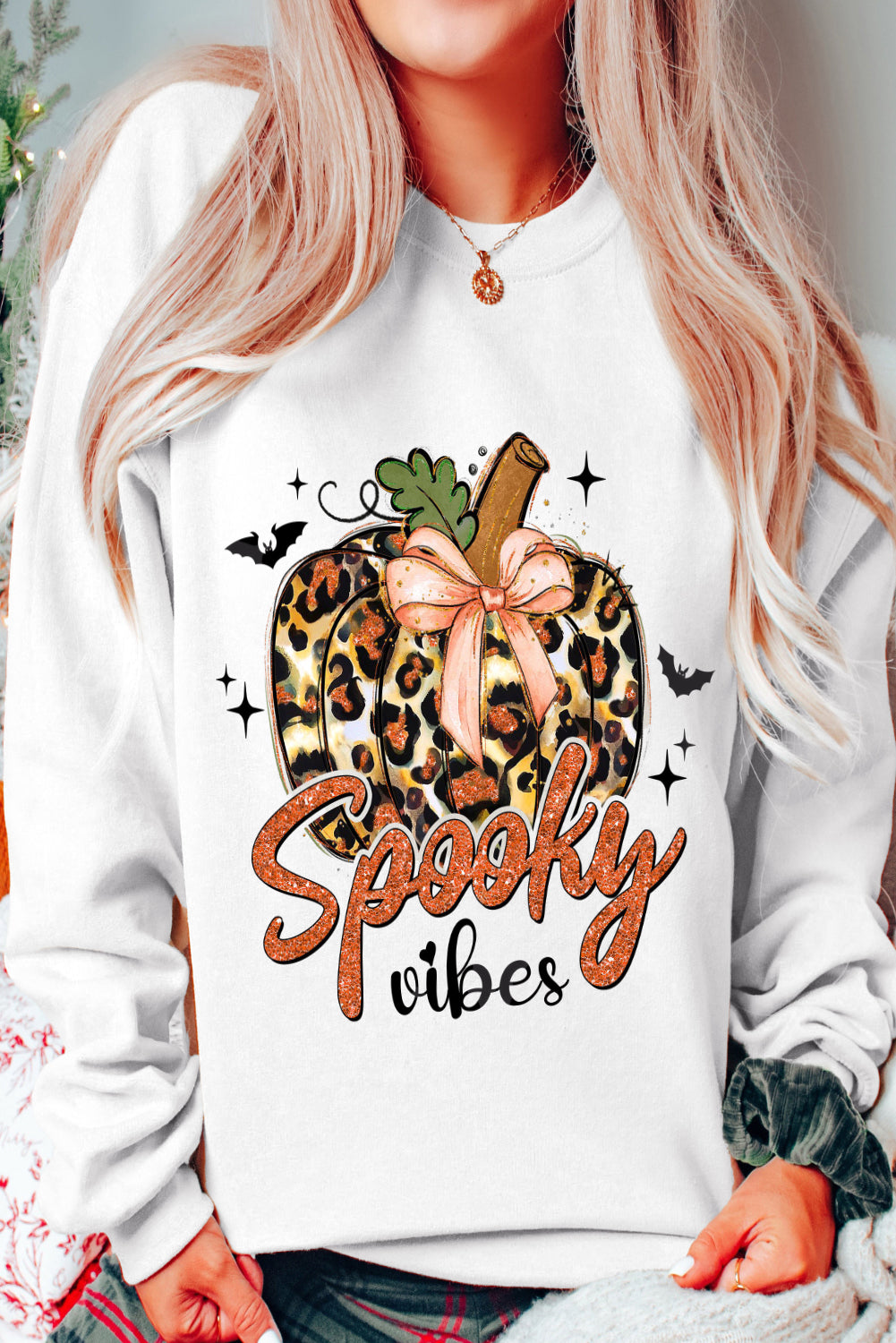 Beige Spooky Leopard Pumpkin Print Crew Neck Sweatshirt Beige 50%Polyester+50%Cotton Graphic Sweatshirts JT's Designer Fashion