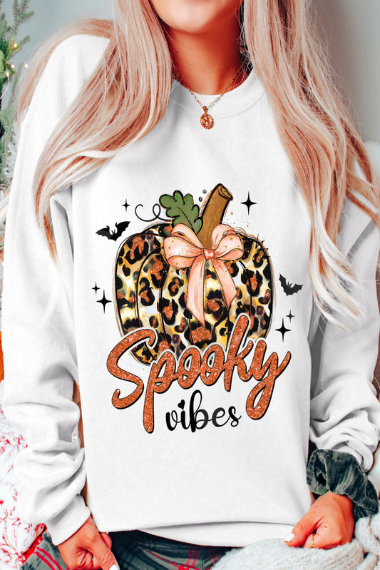 Beige Spooky Leopard Pumpkin Print Crew Neck Sweatshirt Beige 50%Polyester+50%Cotton Graphic Sweatshirts JT's Designer Fashion
