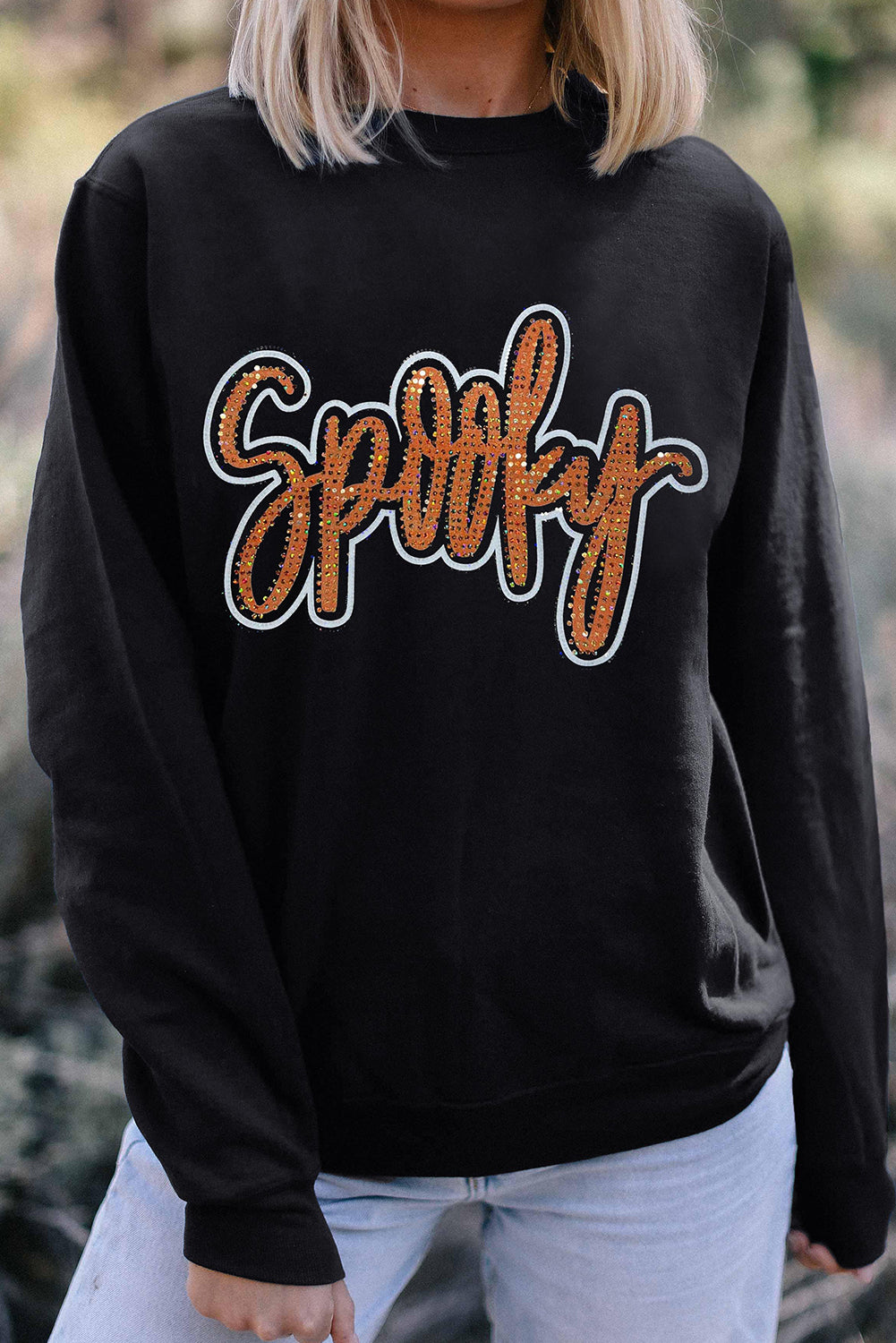 Black Spooky Rhinestone Drop Shoulder Graphic Sweatshirt Graphic Sweatshirts JT's Designer Fashion