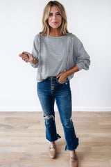Light Grey Waffle Patchwork Long Sleeve Raw Hem Pullover Top Long Sleeve Tops JT's Designer Fashion