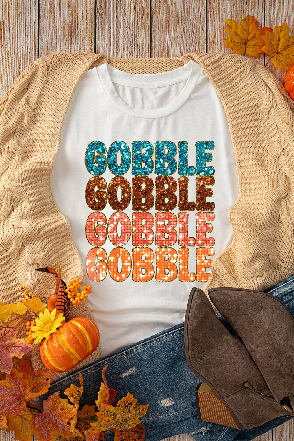 White Glittering GOBBLE Graphic Crewneck Thanksgiving T Shirt Graphic Tees JT's Designer Fashion