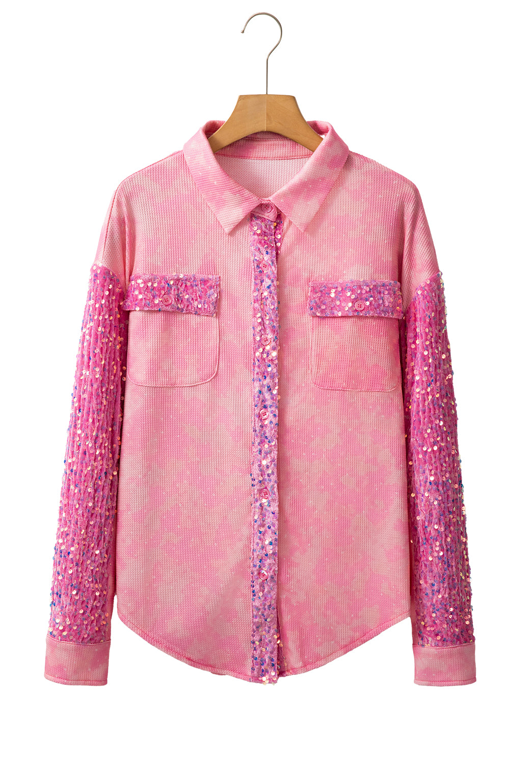 Apricot Pink Mineral Wash Sequin Patchwork Flap Pocket Shacket Jackets JT's Designer Fashion