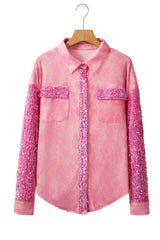Apricot Pink Mineral Wash Sequin Patchwork Flap Pocket Shacket Jackets JT's Designer Fashion