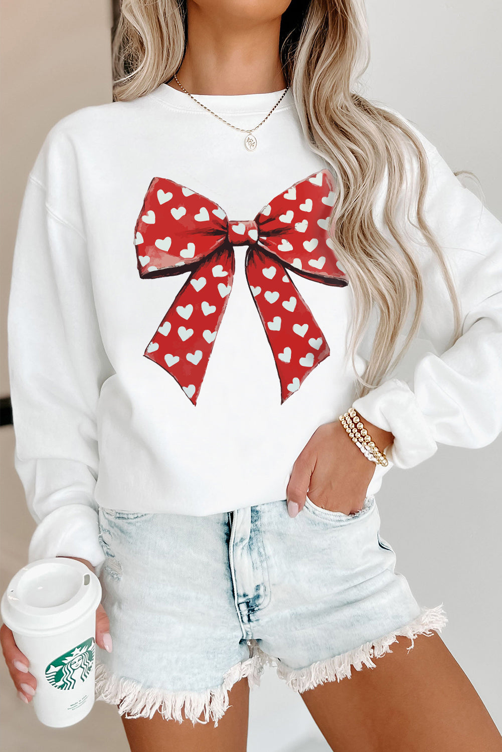 White Heart Bow Printed Round Neck Valentines Pullover Sweatshirt Graphic Sweatshirts JT's Designer Fashion