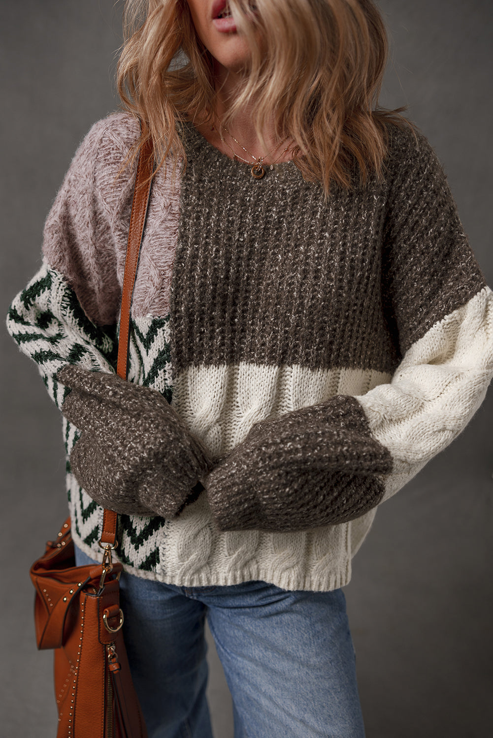 Brown Color Block Patchwork Knotted Back Loose Fit Sweater Brown 100%Polyester Sweaters JT's Designer Fashion