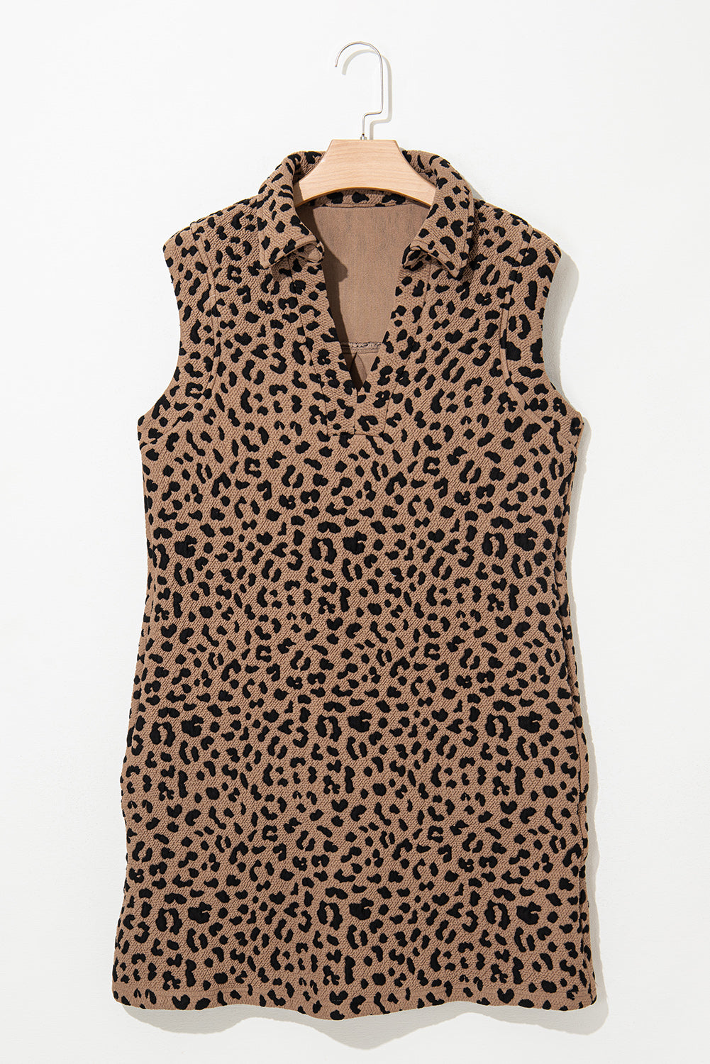 Khaki Leopard Print V Neck Sleeveless Collared Mini Dress Mini Dresses JT's Designer Fashion