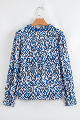 Blue Bohemian Print Embroidered V Neckline Detail Long Sleeve Shirt Blouses & Shirts JT's Designer Fashion