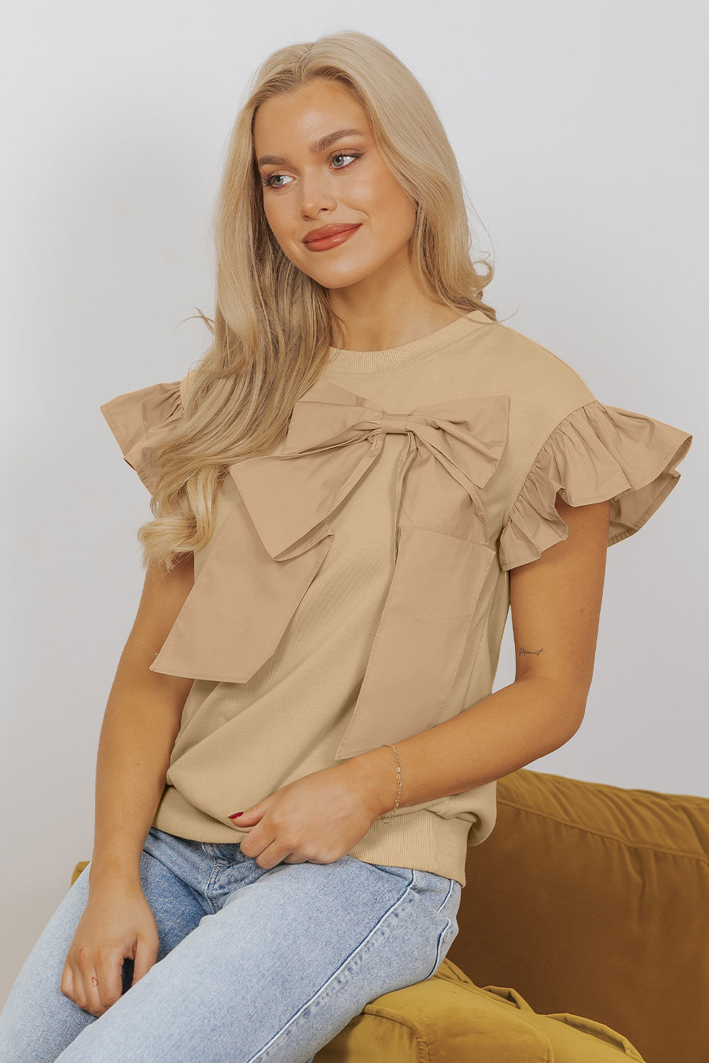 Parchment Two Tones Ribbon Bow Ruffle Sleeve Top Blouses & Shirts JT's Designer Fashion