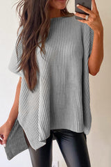 Gray Short Sleeve Side Slit Oversized Sweater Sweaters & Cardigans JT's Designer Fashion
