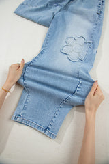 Beau Blue Flower Patched Light Wash Cropped High Waist Jeans Jeans JT's Designer Fashion