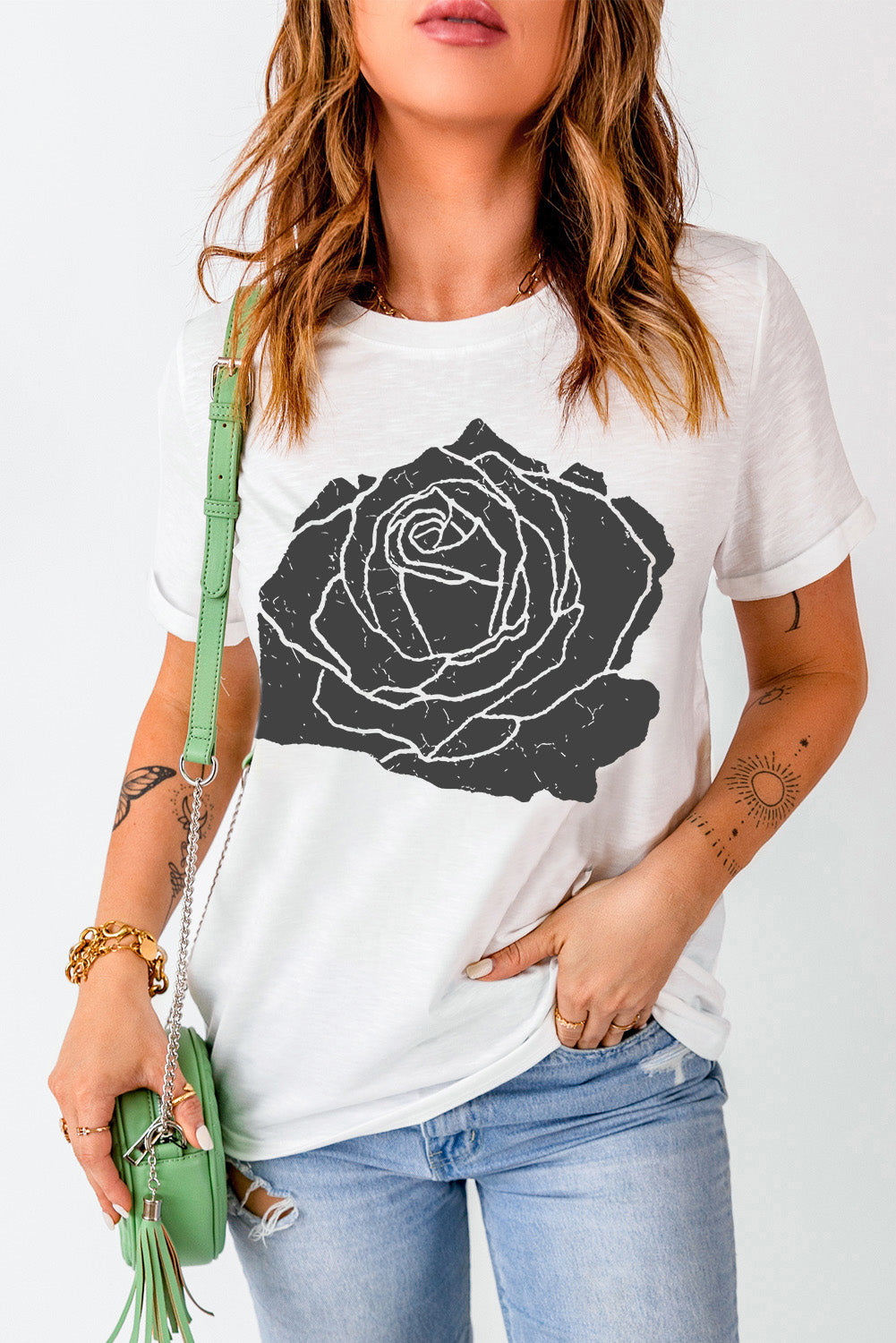 White Large Rose Print Round Neck T Shirt Graphic Tees JT's Designer Fashion