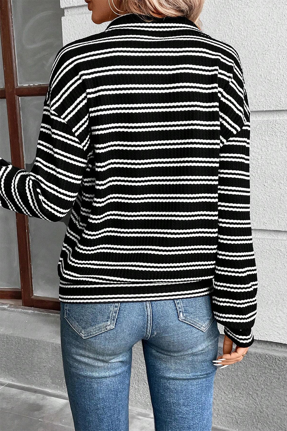 Black Stripe Textured Quarter Zip Collar Long Sleeve Top Long Sleeve Tops JT's Designer Fashion