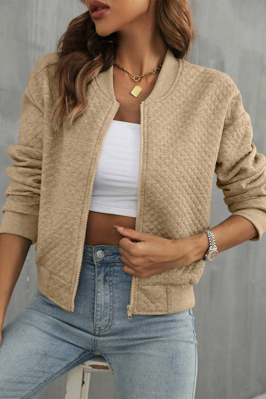 Pale Khaki Solid Geometric Textured Baseball Collar Jacket Pale Khaki 97%Polyester+3%Elastane Jackets JT's Designer Fashion