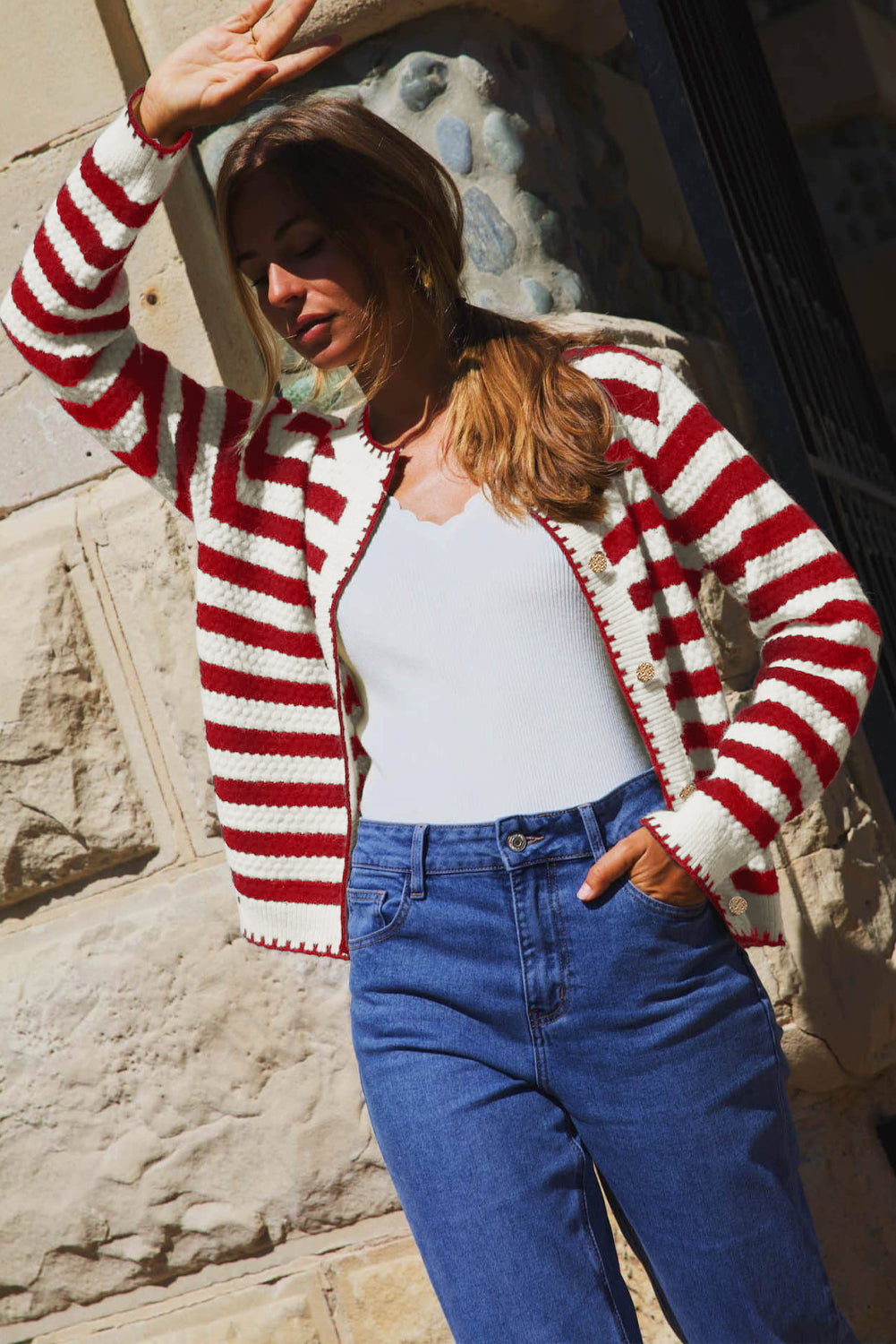 Red Stripe Chic Golden Button Cardigan Sweater Cardigans JT's Designer Fashion