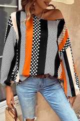 Orange Polka Dot Vertical Striped Printed Puff Sleeve Blouse Blouses & Shirts JT's Designer Fashion