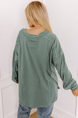 Seagrass Plus Size Exposed Seam Drop Shoulder Henley Top Plus Size Long Sleeve Tops JT's Designer Fashion