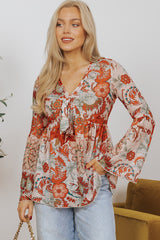 Orange Floral Print Deep V Neck Knot Bell Sleeve Blouse Blouses & Shirts JT's Designer Fashion