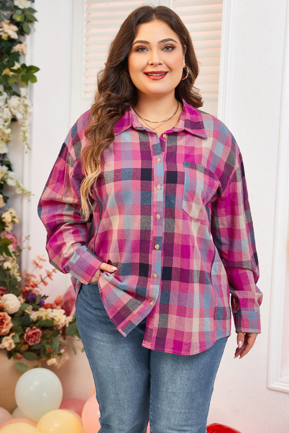 Rose Plus Size Checkered Print Button up Shirt Plus Size Blouses & Shirts JT's Designer Fashion