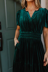 Evergreen Velvet Short Sleeve Shirred Waist Tiered Long Dress Maxi Dresses JT's Designer Fashion