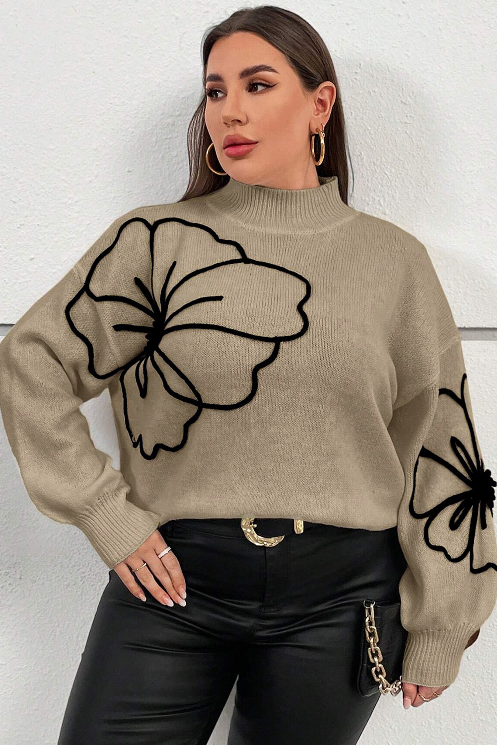 Dark Khaki Plus Size Big Flower Pattern High Neck Drop Shoulder Sweater Plus Size Sweaters & Cardigans JT's Designer Fashion
