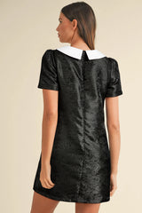 Black Floral Embossed Puff Sleeve Colorblock Bow Collared Mini Dress Mini Dresses JT's Designer Fashion