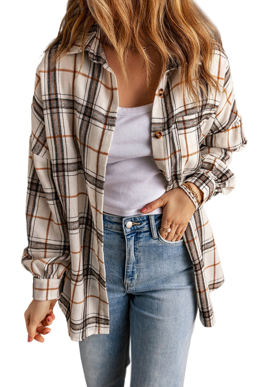 White Oversized Plaid Pattern Shacket with Slits Plaid Shackets JT's Designer Fashion
