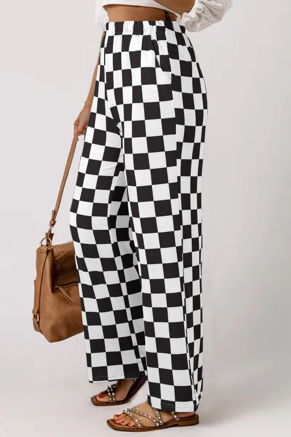 Black 2-Tone Checked Print High Waist Wide Leg Pants Pants & Culotte JT's Designer Fashion