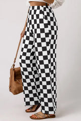 Black 2-Tone Checked Print High Waist Wide Leg Pants Pants & Culotte JT's Designer Fashion