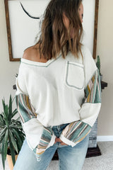 White Striped Patchwork Exposed Seam Waffle Knit Top Long Sleeve Tops JT's Designer Fashion