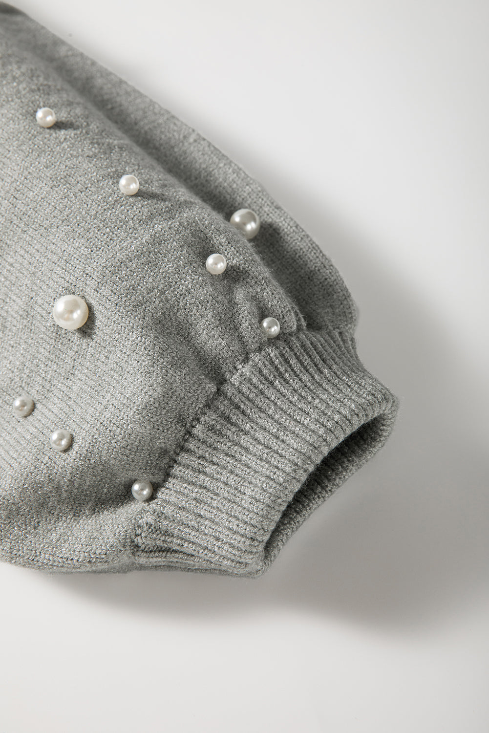 Light Grey Pearled Drop Shoulder Round Neck Sweater Sweaters JT's Designer Fashion